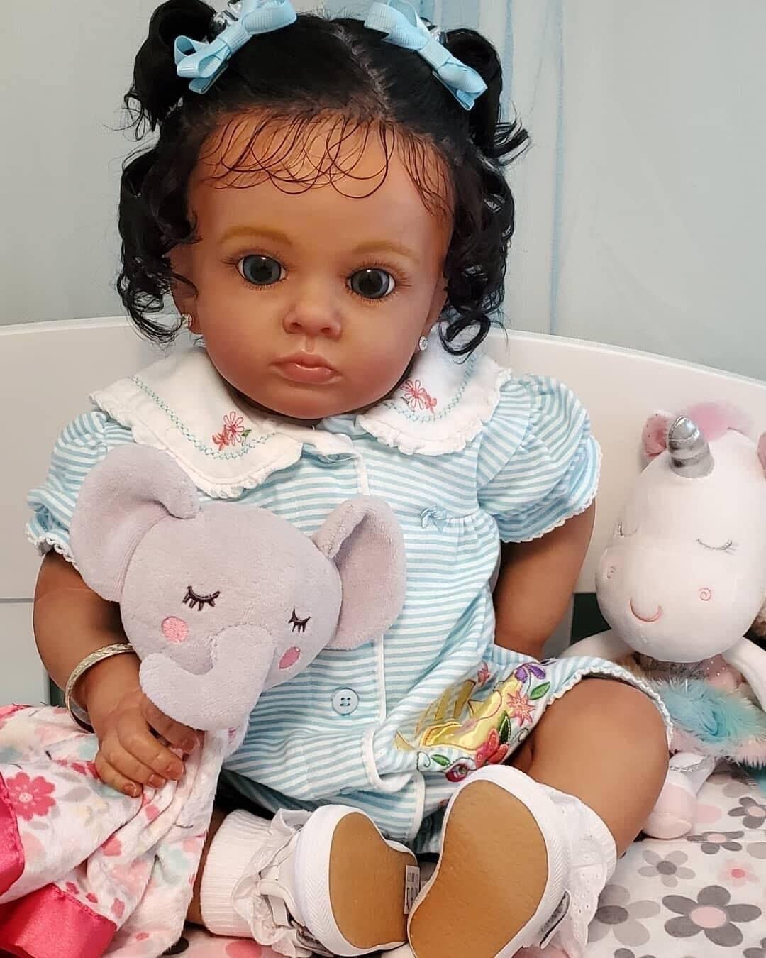 KOKOMANDY Reborn Baby Dolls Black Girl 24 Inch Dark Brown Soft Silicone Realistic Toddler Baby Dolls Weighted Cloth Body Biracial African American Newborn Baby Doll Handmade Toy for Kids