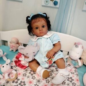 KOKOMANDY Reborn Baby Dolls Black Girl 24 Inch Dark Brown Soft Silicone Realistic Toddler Baby Dolls Weighted Cloth Body Biracial African American Newborn Baby Doll Handmade Toy for Kids