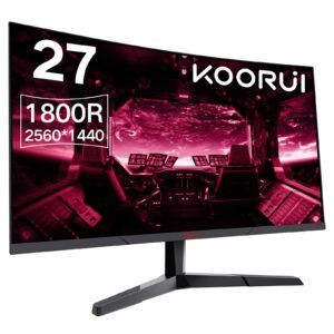 koorui 27" wqhd 2560x1440 curved gaming monitor, 144hz refresh 1800r computer monitor, 1ms with adaptivesync monitor, low blue light, eye care, dp1.2+hdmi*2, vesa compatible - black