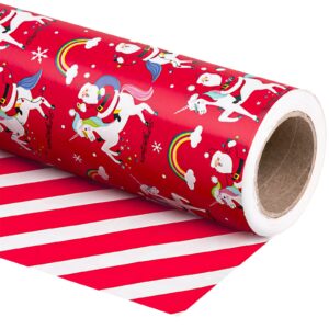 wrapaholic reversible christmas wrapping paper - 30 inch x 100 feet jumbo roll red santa claus and unicorn, red and white stripe design