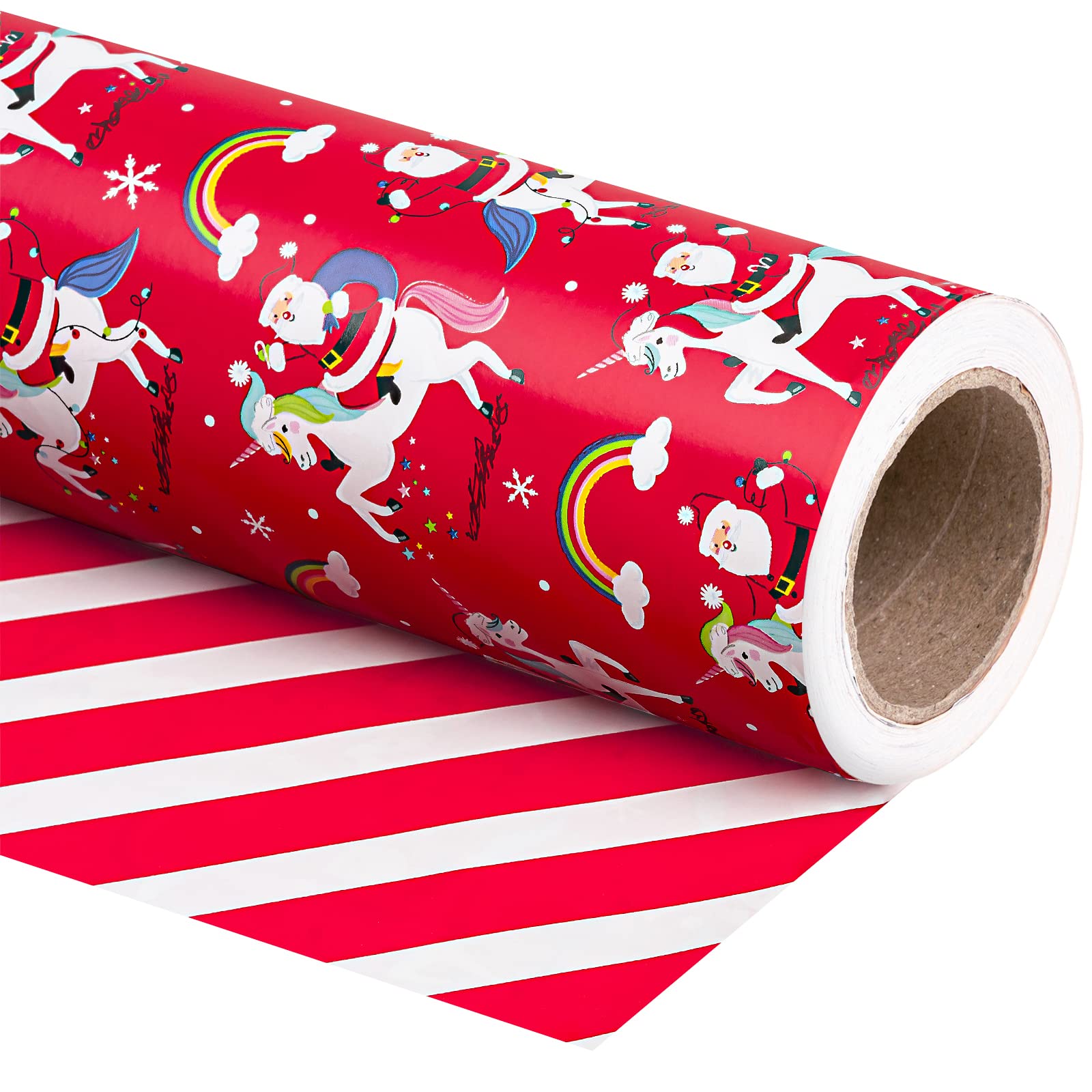 WRAPAHOLIC Reversible Christmas Wrapping Paper - 30 Inch X 100 Feet Jumbo Roll Red Santa Claus and Unicorn, Red and White Stripe Design