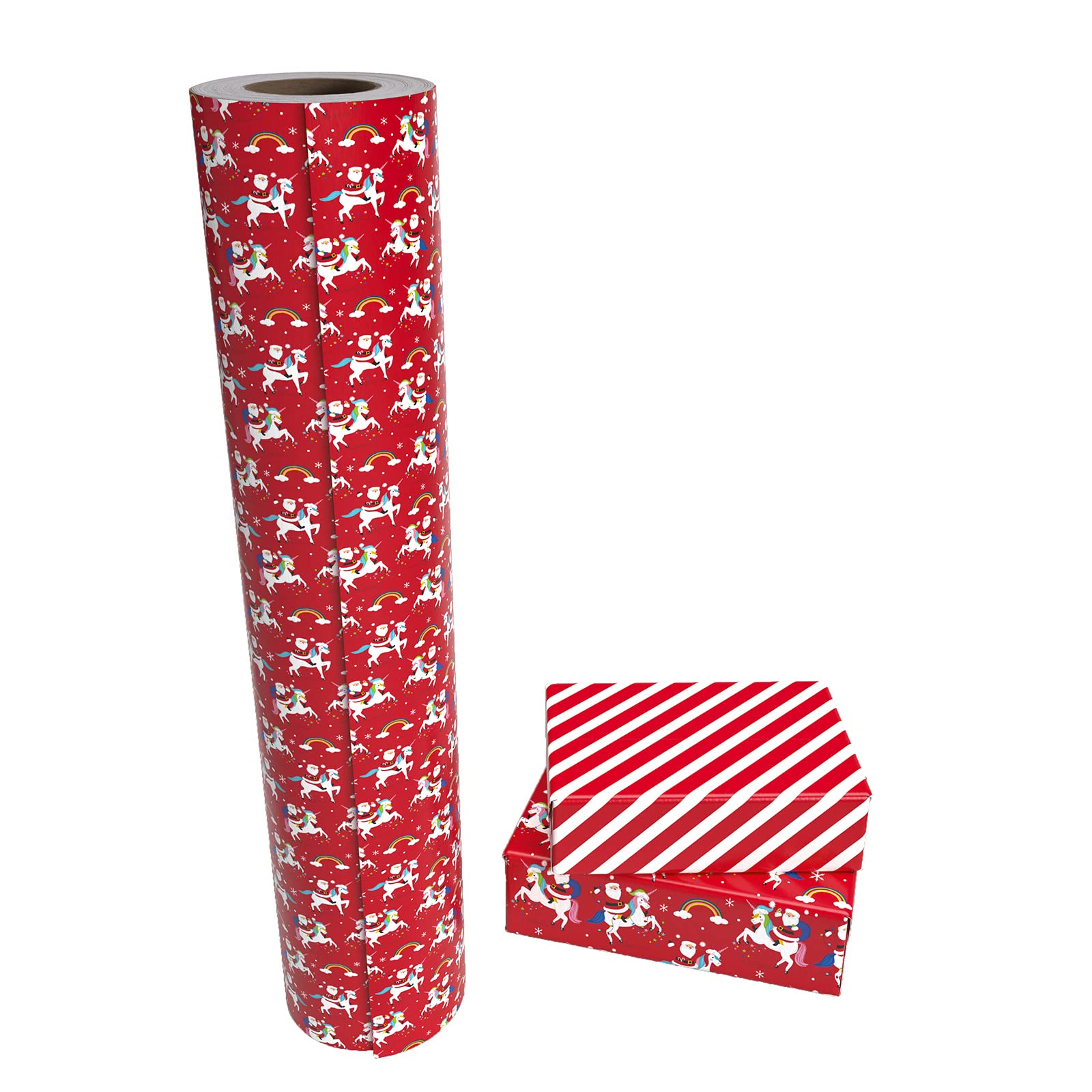 WRAPAHOLIC Reversible Christmas Wrapping Paper - 30 Inch X 100 Feet Jumbo Roll Red Santa Claus and Unicorn, Red and White Stripe Design