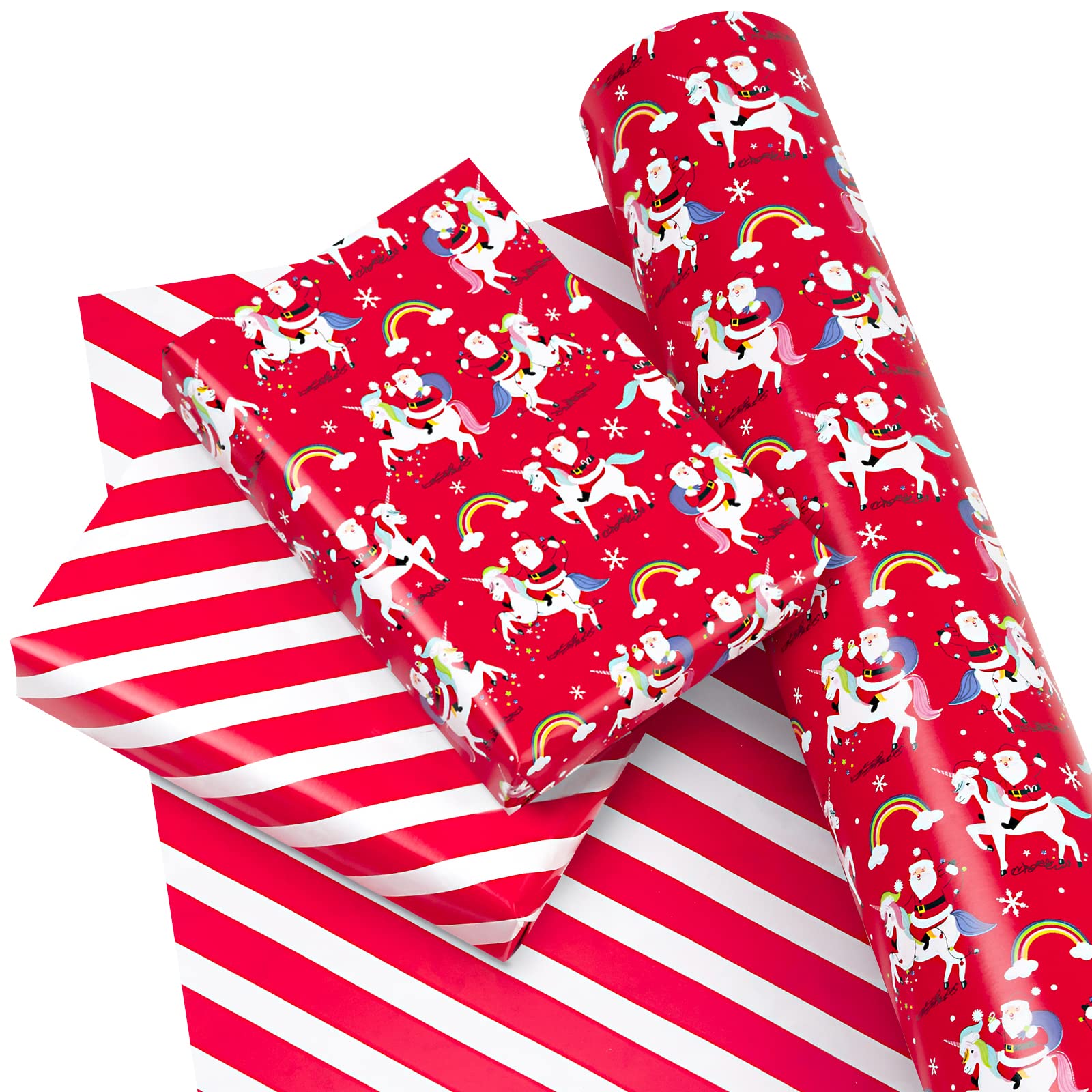 WRAPAHOLIC Reversible Christmas Wrapping Paper - 30 Inch X 100 Feet Jumbo Roll Red Santa Claus and Unicorn, Red and White Stripe Design