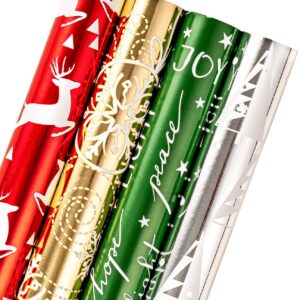 WRAPAHOLIC Christmas Wrapping Paper Roll - Red Green Gold and Silver Snowflakes Trees Holiday Collection with Metallic Foil Shine - 4 Rolls - 30 Inch x 120 Inch Per Roll