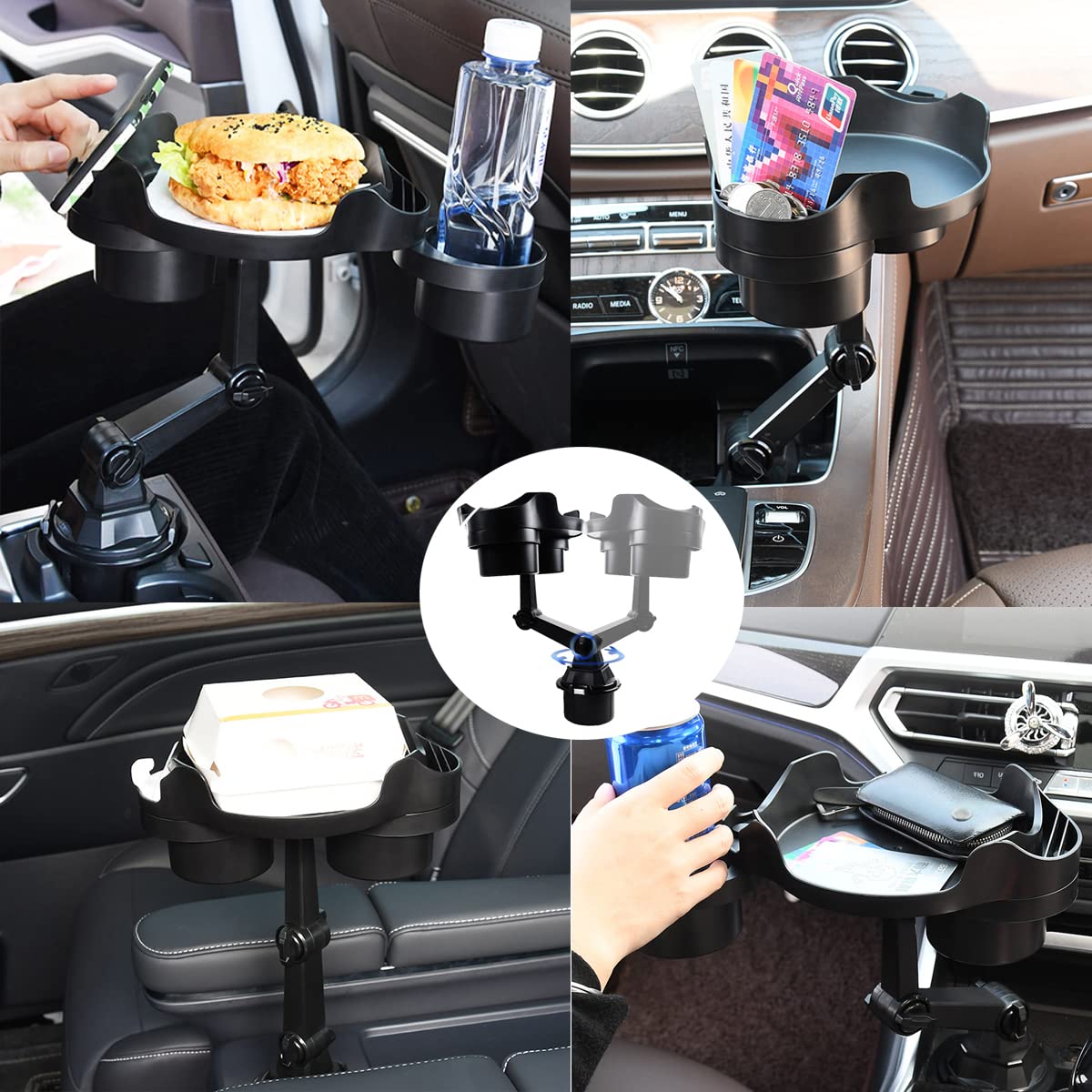 HOLDCY Cup Holder Expander for Car, 360 Degrees Rotate Adjustable 6.3 inches Surface Car Tray Table and Drink Holders with 3 Coaster, Car Cup Holder Tray Apply to All Auto Models