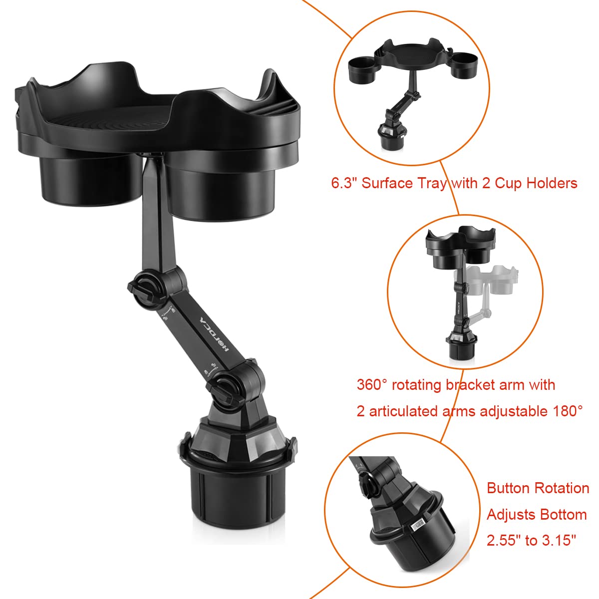 HOLDCY Cup Holder Expander for Car, 360 Degrees Rotate Adjustable 6.3 inches Surface Car Tray Table and Drink Holders with 3 Coaster, Car Cup Holder Tray Apply to All Auto Models