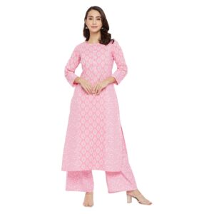 Tissu Women's Cotton Pink Floral Printed Straight Kurta with Palazzo (Tis-609_Pink_S)