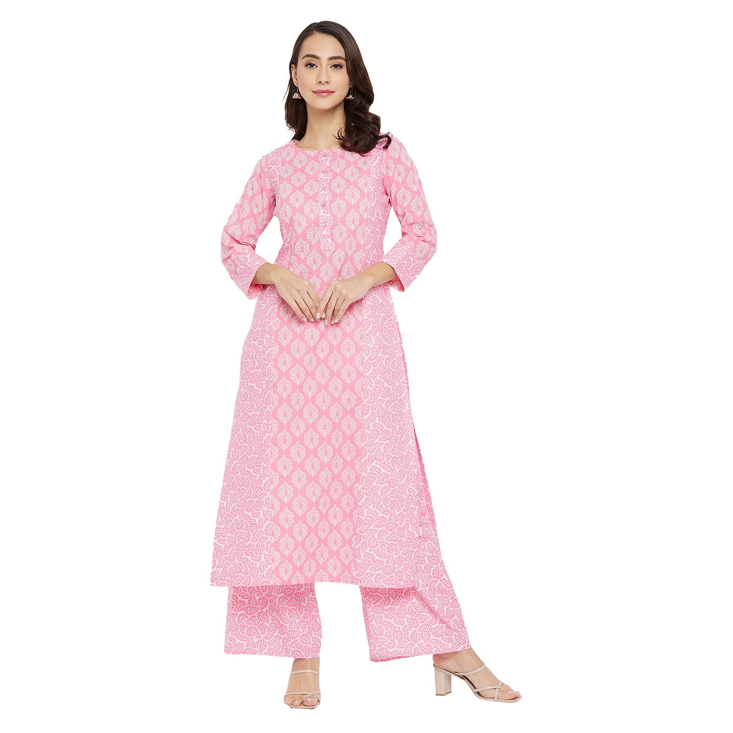 Tissu Women's Cotton Pink Floral Printed Straight Kurta with Palazzo (Tis-609_Pink_S)