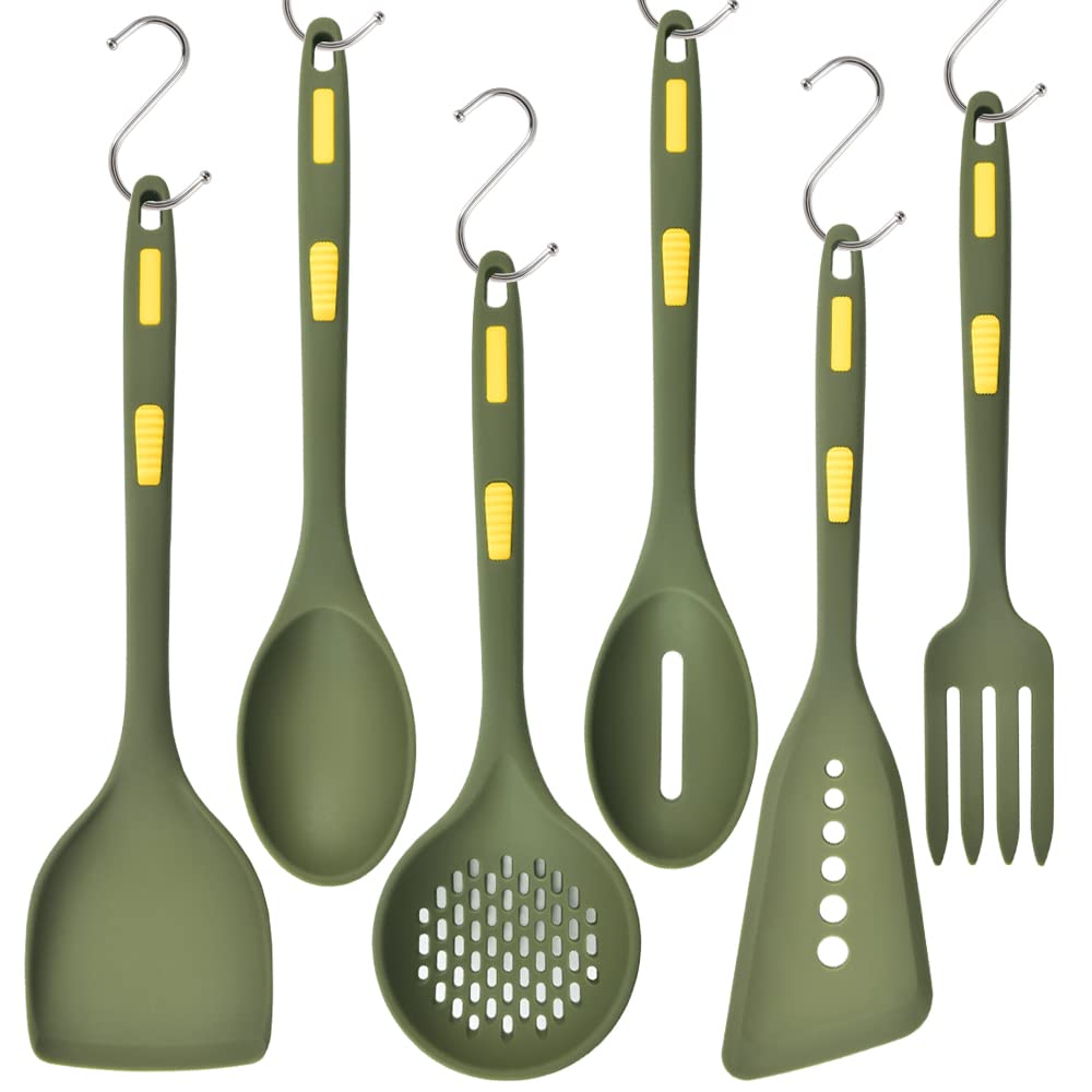 Collfa Heavy Duty Kitchen Silicone Cooking Utensils Set Heat Resistant Kitchenware Nonstick Resistant Kitchen Tools For Cooking,With Hooks 7 Pcs Slotted Spoon,Spatula,Stirring Fork,Spoon,Dark Green