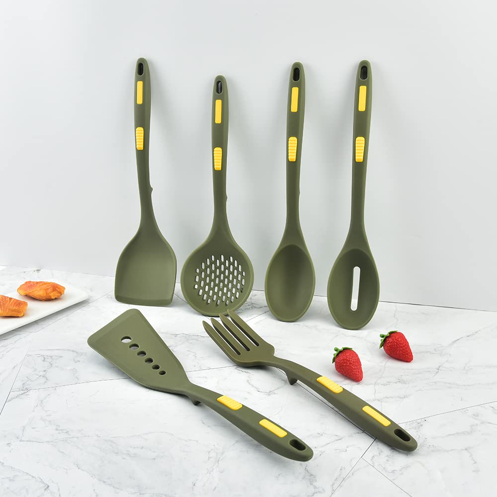 Collfa Heavy Duty Kitchen Silicone Cooking Utensils Set Heat Resistant Kitchenware Nonstick Resistant Kitchen Tools For Cooking,With Hooks 7 Pcs Slotted Spoon,Spatula,Stirring Fork,Spoon,Dark Green