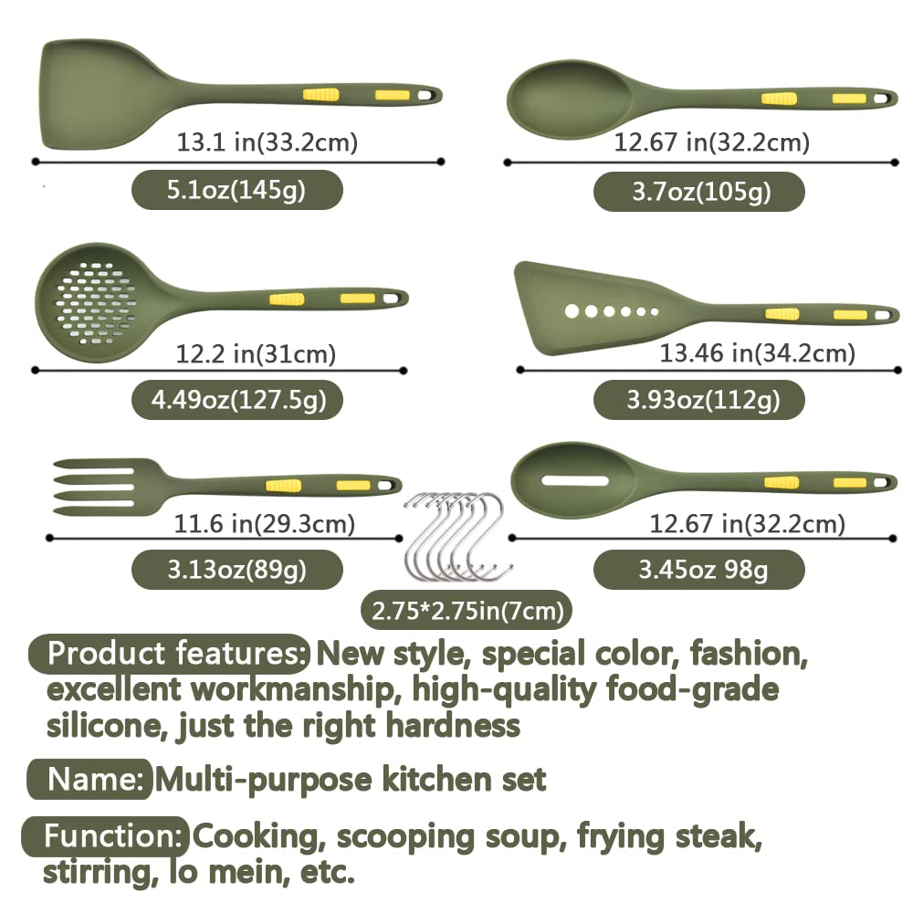 Collfa Heavy Duty Kitchen Silicone Cooking Utensils Set Heat Resistant Kitchenware Nonstick Resistant Kitchen Tools For Cooking,With Hooks 7 Pcs Slotted Spoon,Spatula,Stirring Fork,Spoon,Dark Green