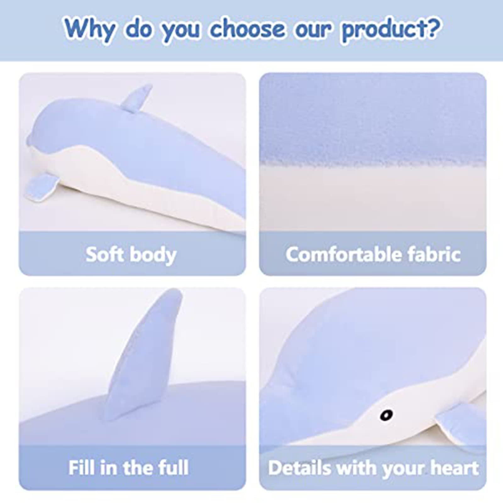 Dolphin Stuffed Animal Plush Toys Soft Lovely Hugging Pillow Stuff Dolls Plushes for Children Girls Sleeping Cushion Gift Room Decor