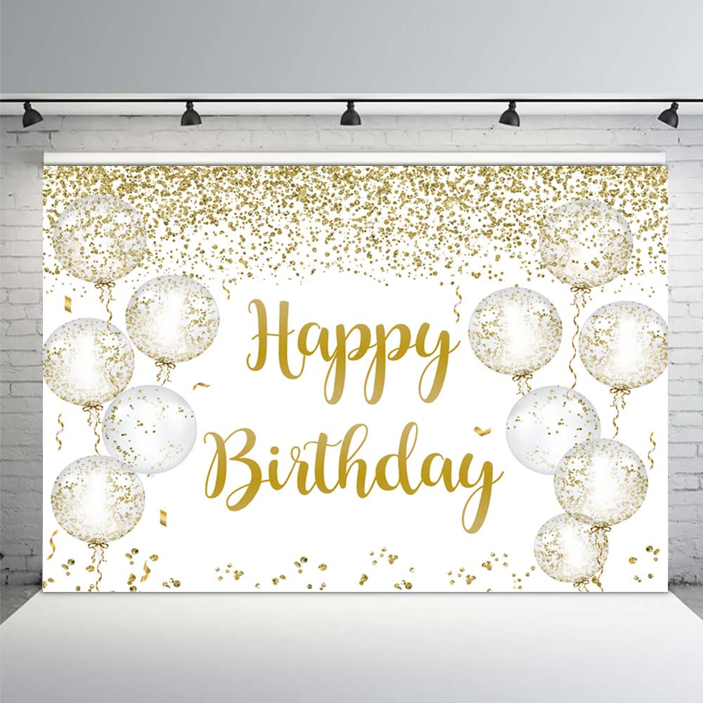 MEHOFOND 10x7ft White Gold Balloons Birthday Party Backdrop Confetti Balloons Gold Glitter Spots Girl Princess Bday Background Decoration Supplies Photo Booth Props