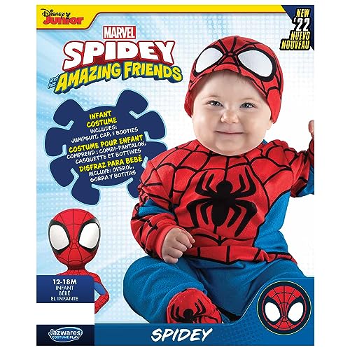 MARVEL Spider-Man Official Infant Deluxe Costume - Premium Quality Minky Fabric and Non-Slip Grip Booties (6-12M)