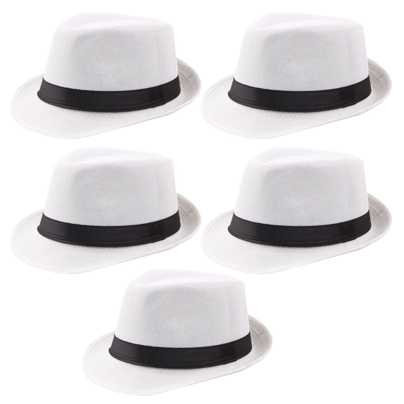 Ultrafun 5 Pack Short Brim Fedora Classic Summer Beach Sun Hat Panama Straw Cap for Men Women (Large, 5Pack-White)