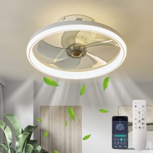 lmisq modern ceiling fans with lights remote control,20in white smart ceiling fan reversible timing 6 speeds low profile dimmable led fan light flush mount for bedroom kitchen living room