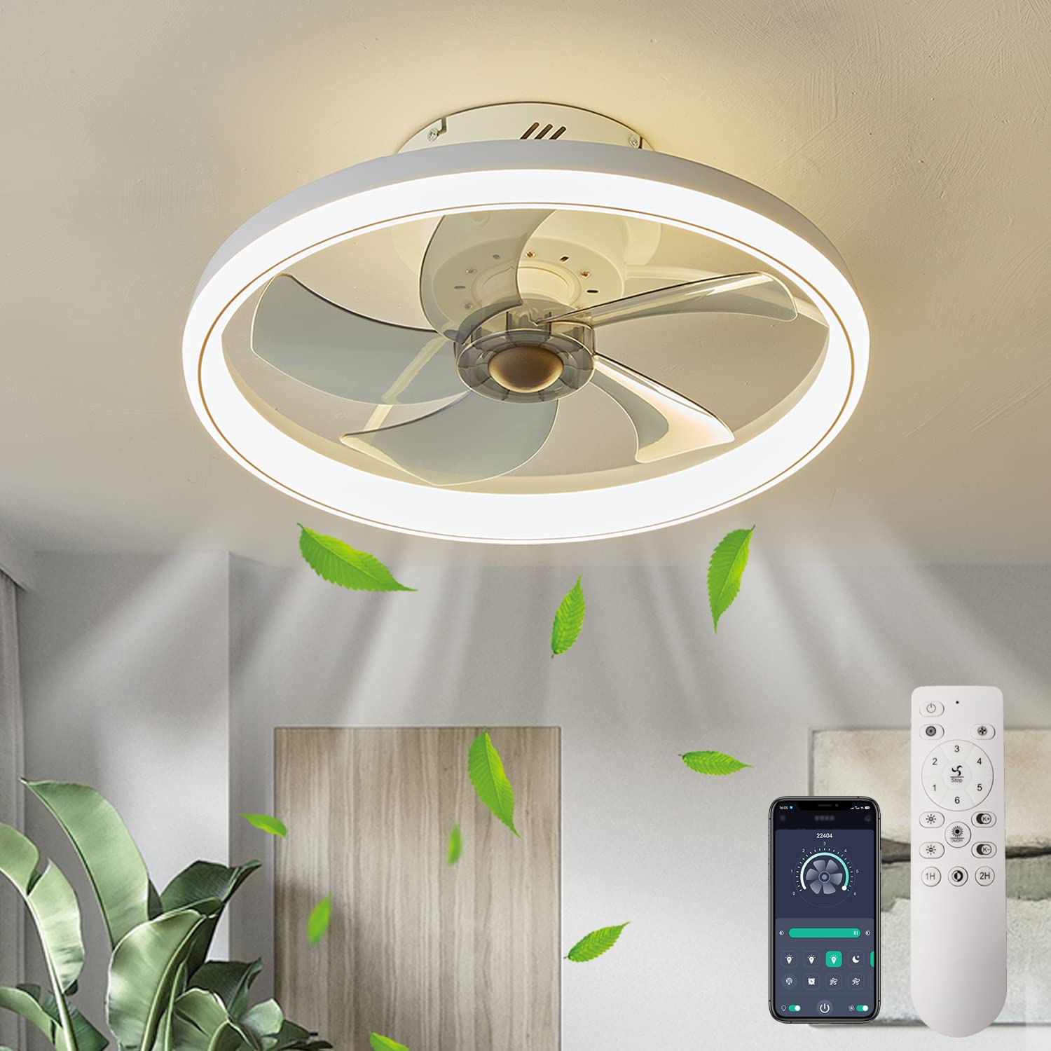 LMiSQ Modern Ceiling Fans with Lights Remote Control,20in White Smart Ceiling Fan Reversible Timing 6 Speeds Low Profile Dimmable LED Fan Light Flush Mount for Bedroom Kitchen Living room