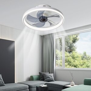 LMiSQ Modern Ceiling Fans with Lights Remote Control,20in White Smart Ceiling Fan Reversible Timing 6 Speeds Low Profile Dimmable LED Fan Light Flush Mount for Bedroom Kitchen Living room