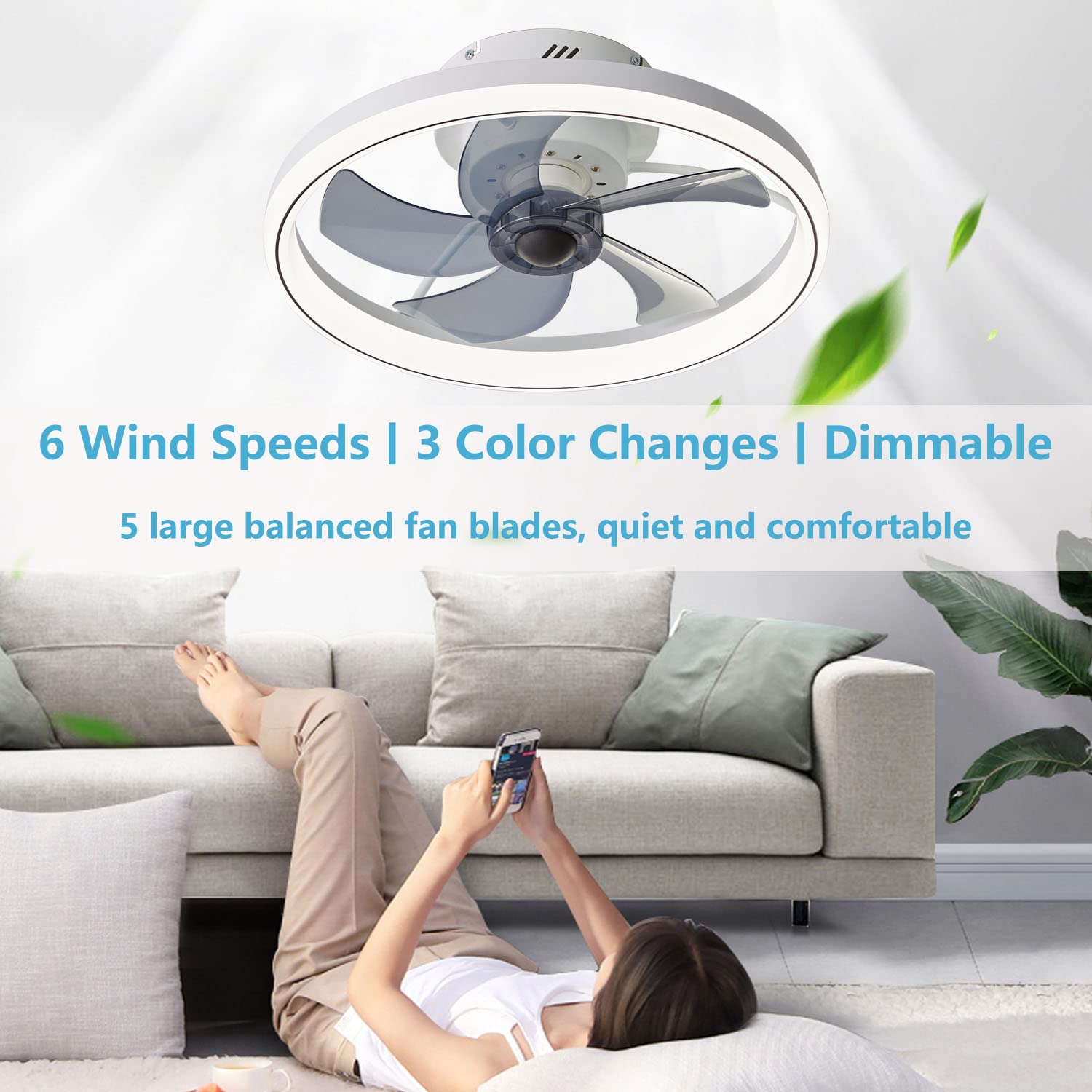 LMiSQ Modern Ceiling Fans with Lights Remote Control,20in White Smart Ceiling Fan Reversible Timing 6 Speeds Low Profile Dimmable LED Fan Light Flush Mount for Bedroom Kitchen Living room