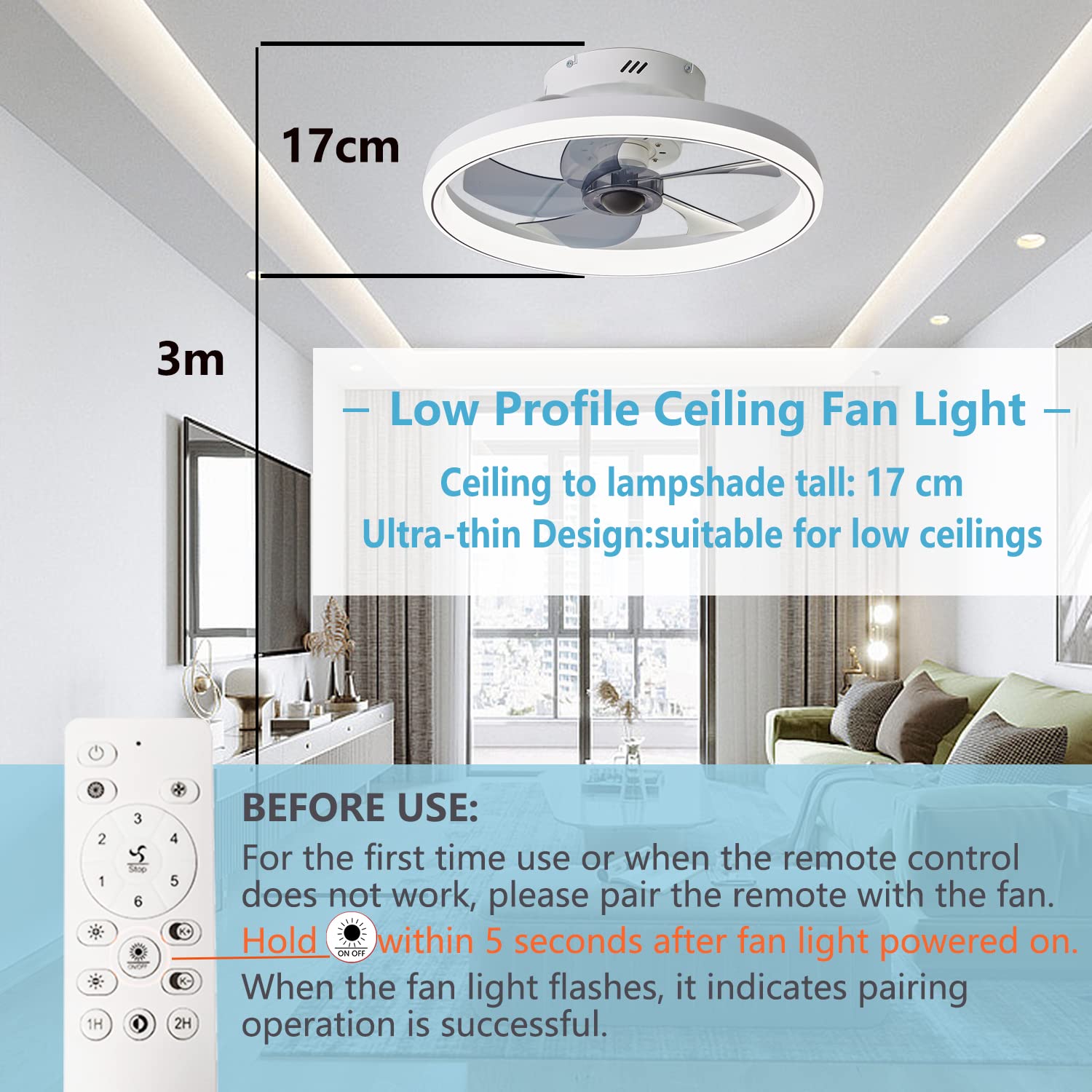 LMiSQ Modern Ceiling Fans with Lights Remote Control,20in White Smart Ceiling Fan Reversible Timing 6 Speeds Low Profile Dimmable LED Fan Light Flush Mount for Bedroom Kitchen Living room