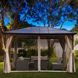 Grand Patio 10'x13' Gazebo Outdoor Hardtop Polycarbonate Gazebo Canopy with Netting and Curtains for Garden, Patio, Backyard