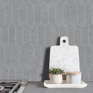 SUNWINGS Backsplash Tile for Kitchen Peel and Stick, Stone Composite Self Adhesive Tiles Faux Marble Pattern Long Hexagon Mosaic Wall Tile for Kitchen, 12 Inch x 11.22 Inch 10 Sheets Grey