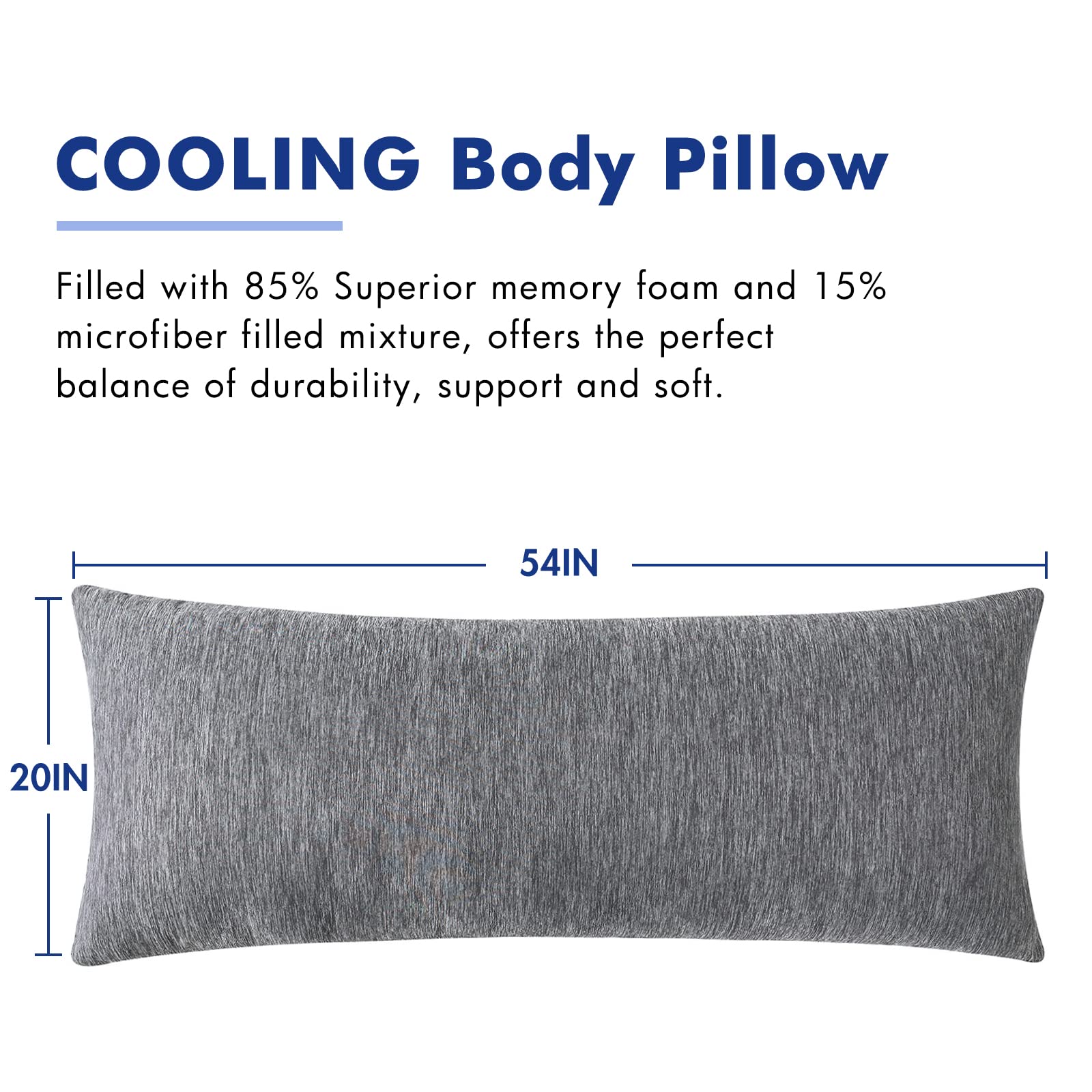 MIULEE Long Body Pillow for Adults ,Memory Foam Cooling Body Pillow for Bed Full Body Pillow for Back/Stomach/Side Sleeper 20x54 Inch Grey