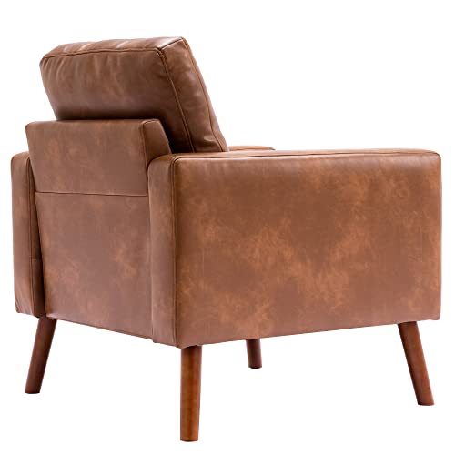 Wahson Office Chairs PU Accent Arm Chair with Tufted Back, Faux Leather Comfy Upholstered Single Sofa, Mid Century Modern Side Club Chair with Wood Legs for Reading/Living Room/Bedroom, Caramel