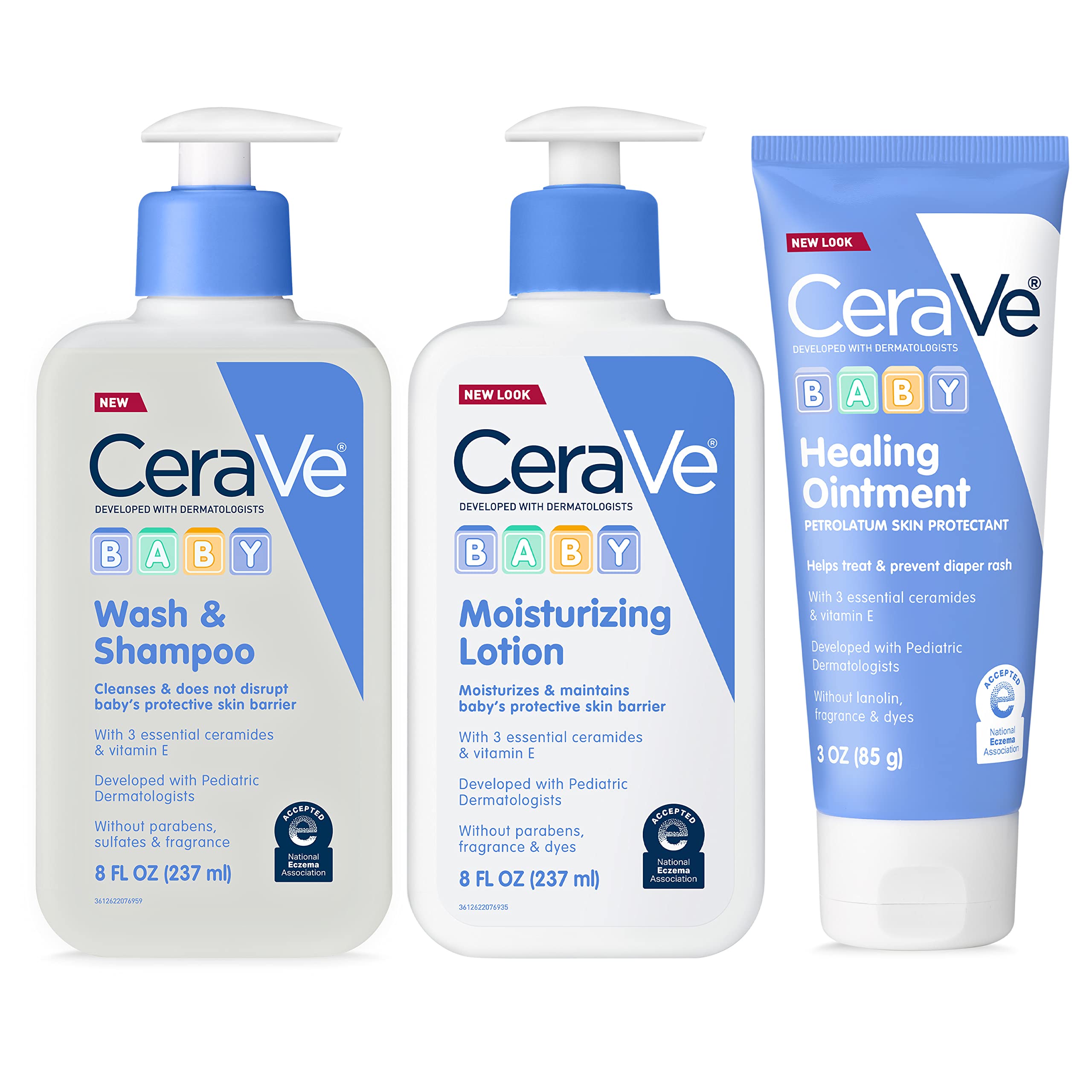 CeraVe Baby Bath Set | 8oz Baby Wash & Shampoo + 8oz Baby Moisturizing Lotion + 3oz Baby Healing Ointment | Fragrance, Parabens, Phthalates, & Tear Free Baby Bath Essentials | Gentle Baby Skin Care