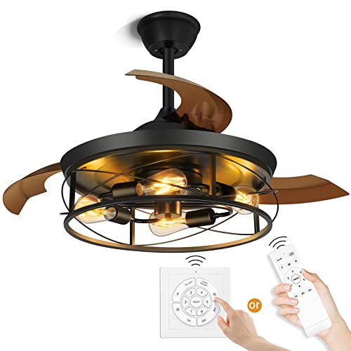 NEWORB 42Inch Retractable Ceiling Fans with Lights Remote Control Caged Industrial Farmhouse Ceiling Fans Rustic Black Ceiling Fan for Living Room Bedroom Patio Kitchen