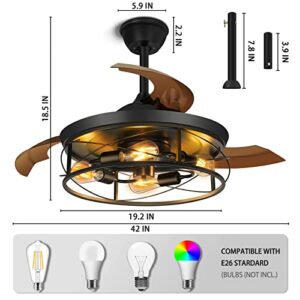 NEWORB 42Inch Retractable Ceiling Fans with Lights Remote Control Caged Industrial Farmhouse Ceiling Fans Rustic Black Ceiling Fan for Living Room Bedroom Patio Kitchen