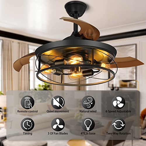 NEWORB 42Inch Retractable Ceiling Fans with Lights Remote Control Caged Industrial Farmhouse Ceiling Fans Rustic Black Ceiling Fan for Living Room Bedroom Patio Kitchen