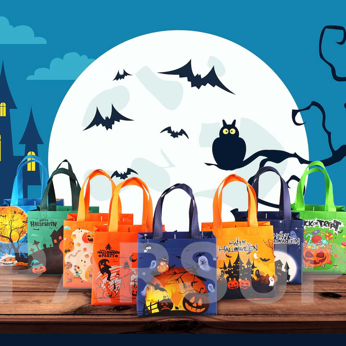 PARSUP Halloween Trick or Treat Bags, 16PCS Small Halloween Tote Bags with Handles, Gift Bags, Multifunctional Non-Woven Halloween Bags for Gifts Wrapping, Halloween Party Supplies, 7.9×7.9×3.15"