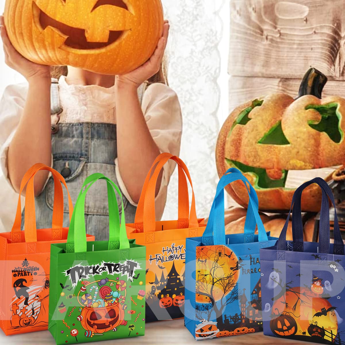 PARSUP Halloween Trick or Treat Bags, 16PCS Small Halloween Tote Bags with Handles, Gift Bags, Multifunctional Non-Woven Halloween Bags for Gifts Wrapping, Halloween Party Supplies, 7.9×7.9×3.15"