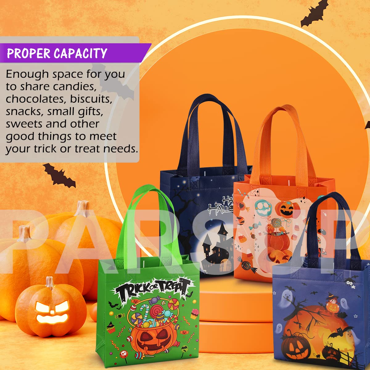 PARSUP Halloween Trick or Treat Bags, 16PCS Small Halloween Tote Bags with Handles, Gift Bags, Multifunctional Non-Woven Halloween Bags for Gifts Wrapping, Halloween Party Supplies, 7.9×7.9×3.15"