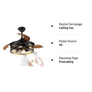 NEWORB 42Inch Retractable Ceiling Fans with Lights Remote Control Black Caged Ceiling Fans Farmhouse Vintage Industrial Ceiling Fan with Lights for Living Room Bedroom Kitchen Patio