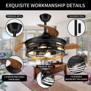 NEWORB 42Inch Retractable Ceiling Fans with Lights Remote Control Black Caged Ceiling Fans Farmhouse Vintage Industrial Ceiling Fan with Lights for Living Room Bedroom Kitchen Patio