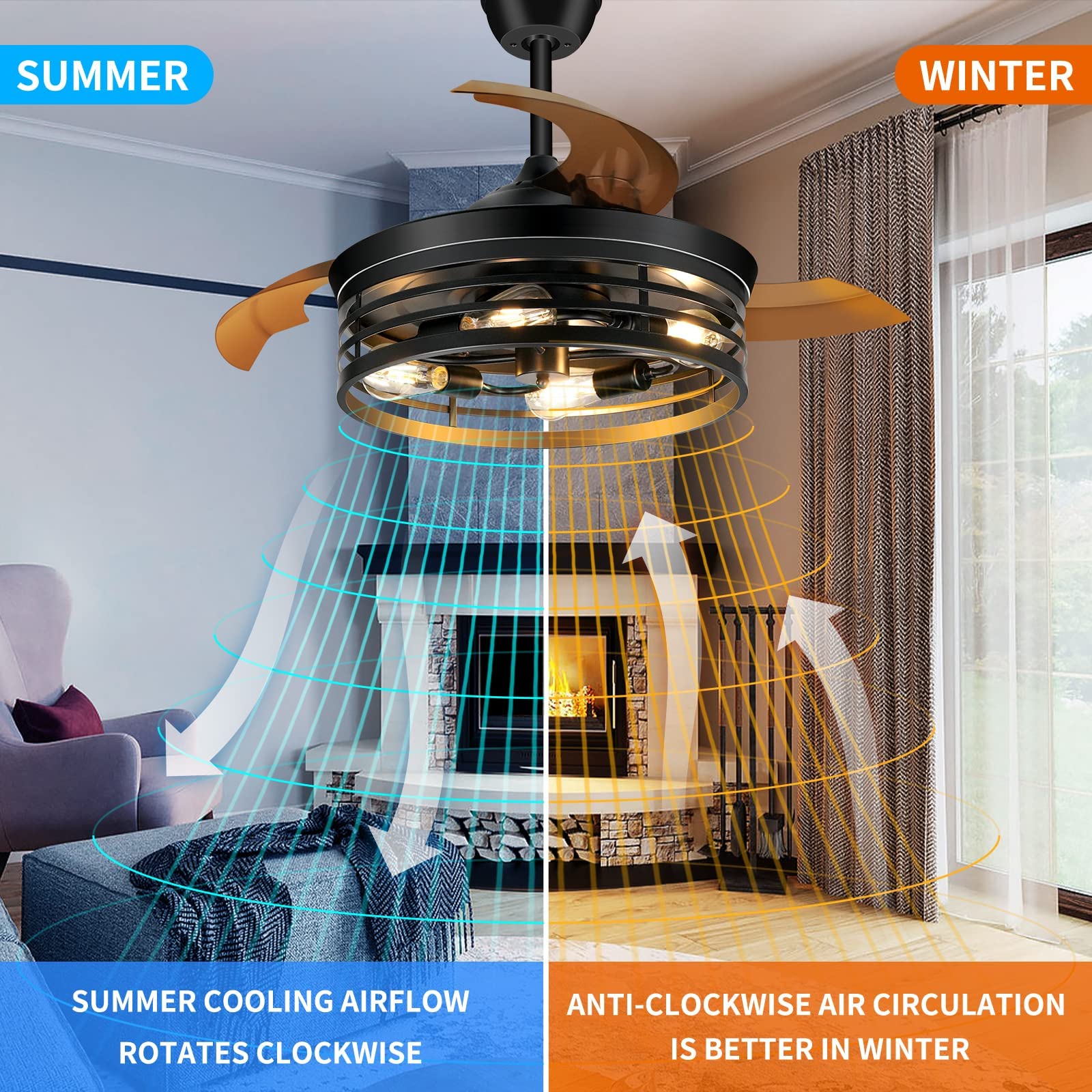 NEWORB 42Inch Retractable Ceiling Fans with Lights Remote Control Black Caged Ceiling Fans Farmhouse Vintage Industrial Ceiling Fan with Lights for Living Room Bedroom Kitchen Patio