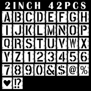 mossdecal 2 inch letter stencils symbol numbers craft stencils, 42 pcs reusable alphabet templates interlocking stencil kit for painting on wood, wall, glass, fabric, rock, canvas, chalkboard,signage