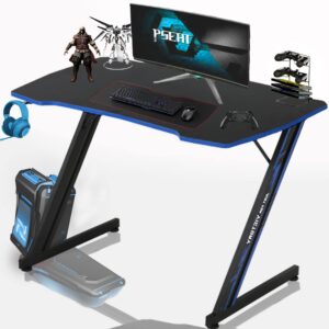 XXkseh 39 in Gaming Desk Gaming Computer Desk with Hook Z-Shaped PC Gaming Table Home Office Desks for Small Places, Carbon Fiber Surface, Simple Installation, Blue