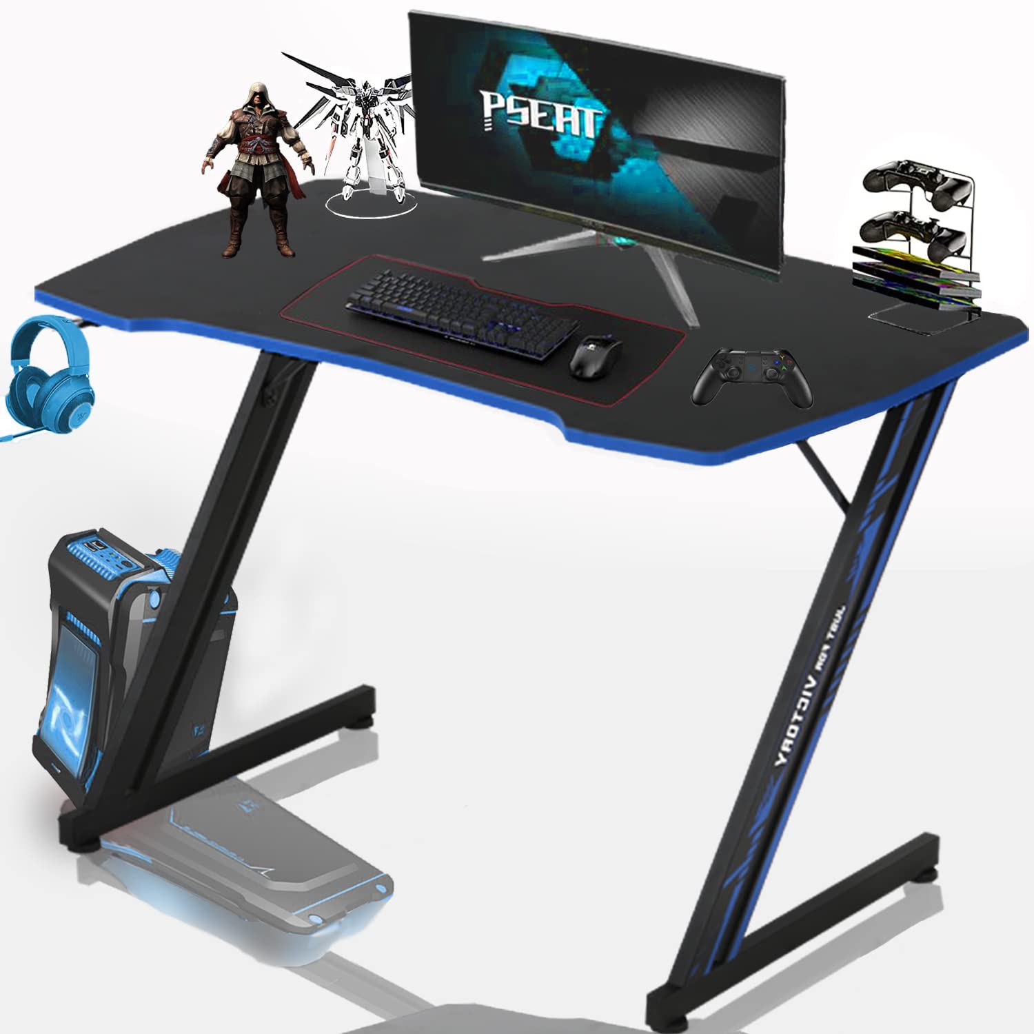 XXkseh 39 in Gaming Desk Gaming Computer Desk with Hook Z-Shaped PC Gaming Table Home Office Desks for Small Places, Carbon Fiber Surface, Simple Installation, Blue