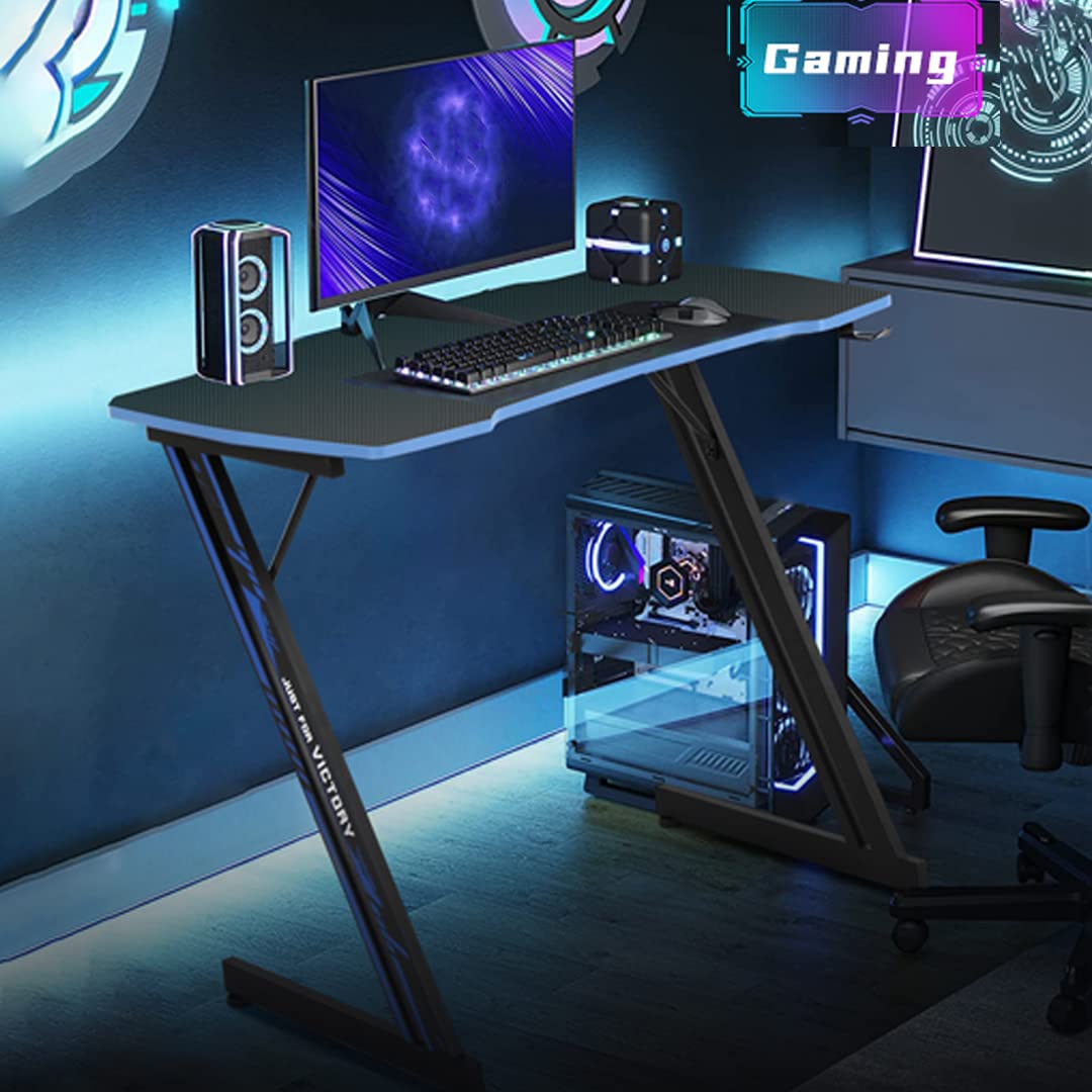 XXkseh 39 in Gaming Desk Gaming Computer Desk with Hook Z-Shaped PC Gaming Table Home Office Desks for Small Places, Carbon Fiber Surface, Simple Installation, Blue