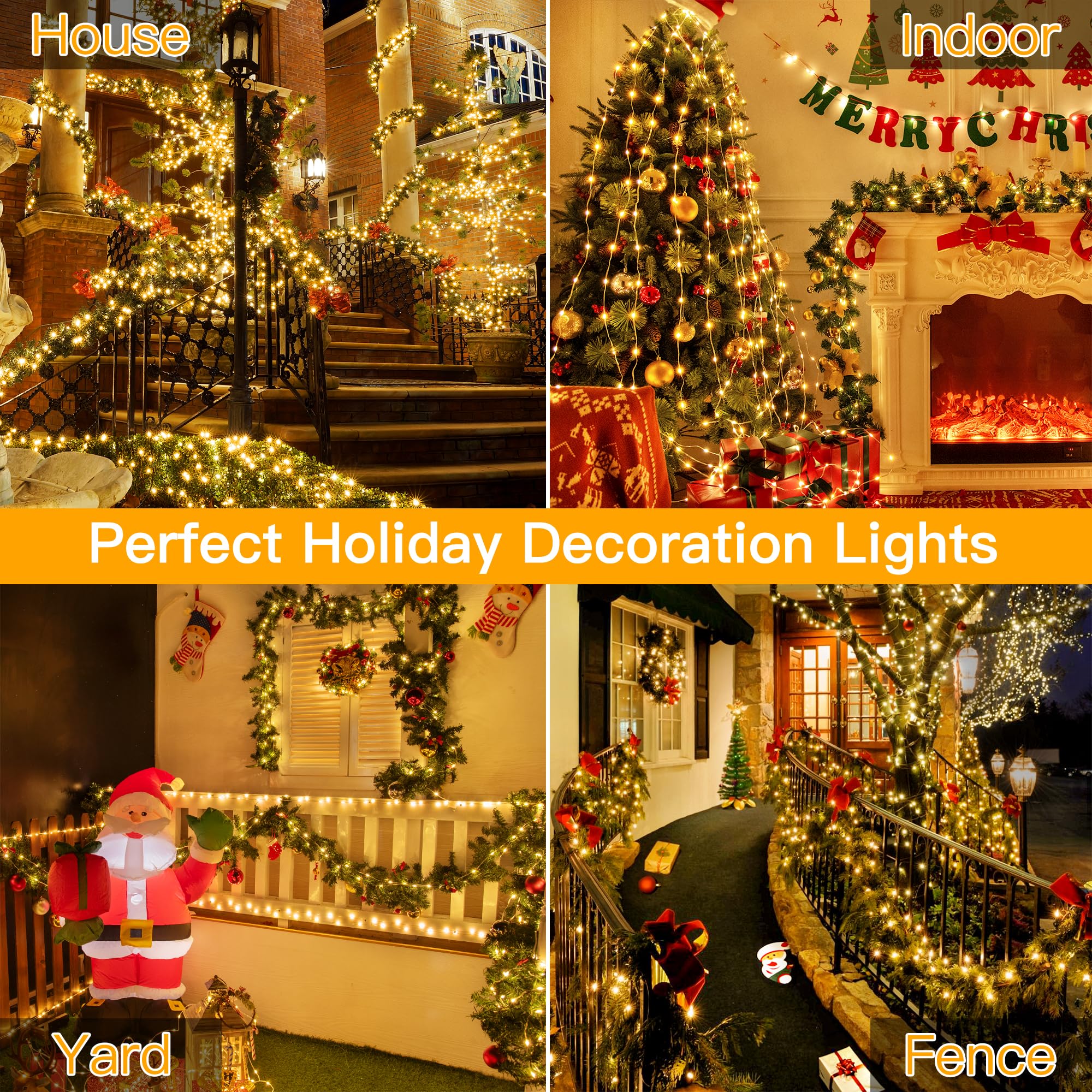 Ollny String Lights 600LED 197FT, Warm White Fairy Lights IP67 Waterproof with Remote 8 Modes Timer Dimmable, Plug in Christmas Lights for Outdoor Indoor House Yard Holiday Decorations