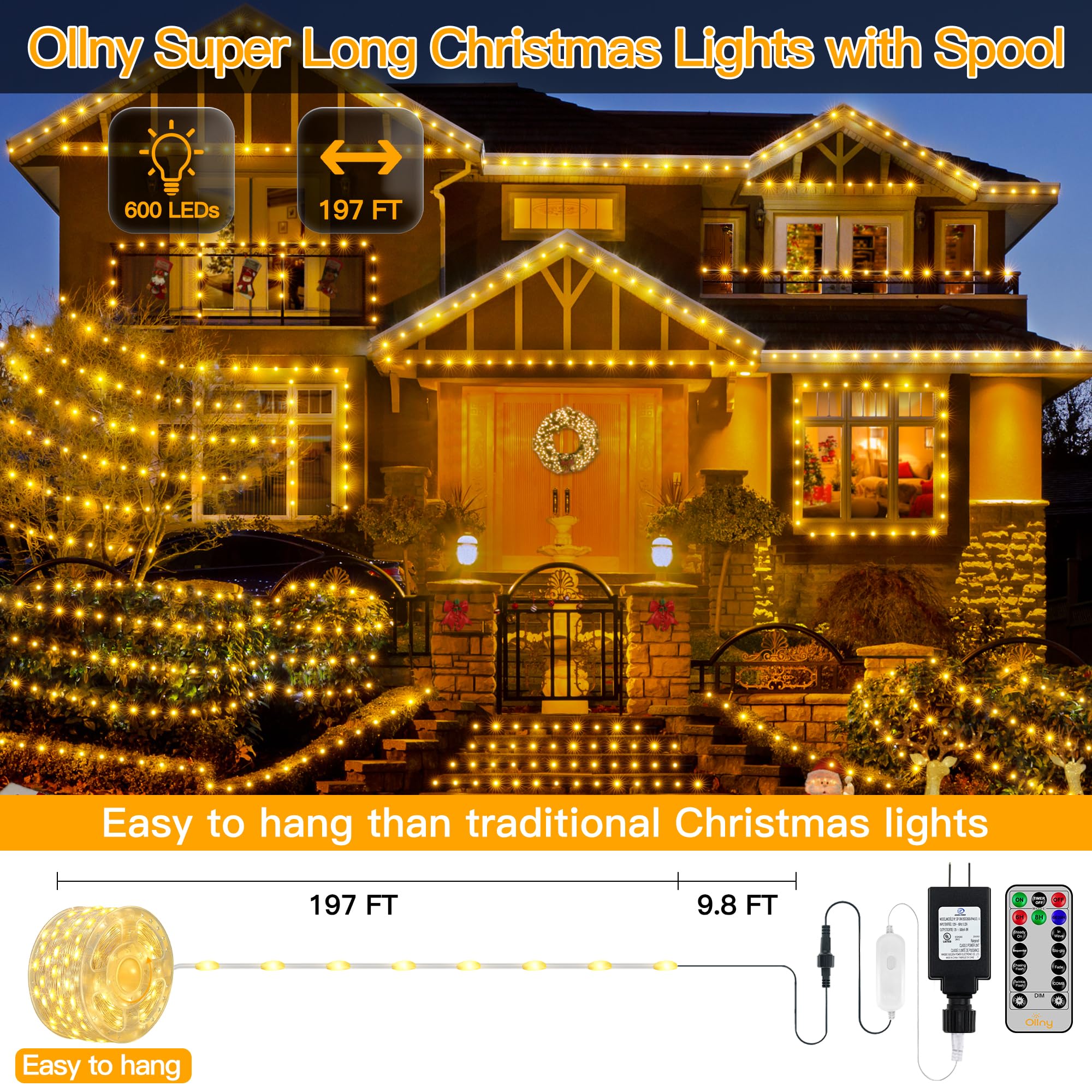 Ollny String Lights 600LED 197FT, Warm White Fairy Lights IP67 Waterproof with Remote 8 Modes Timer Dimmable, Plug in Christmas Lights for Outdoor Indoor House Yard Holiday Decorations