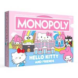 monopoly: hello kitty and friends, buy, sell, trade buildings from the animated series, featuring my melody, badtz-maru, keroppi, classic monopoly game, officially-licensed hello kitty merchandise