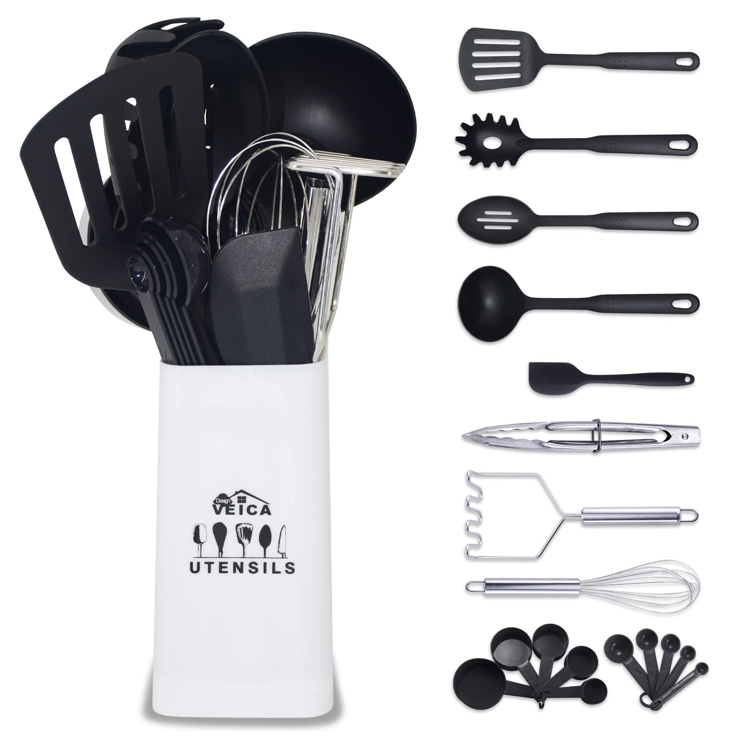 Kitchen Utensil Set-19 Pieces Cooking Utensils-Nylon Kitchen Utensils - Nonstick Cookware With Silicone Spatula Stainless steel Kitchen Tools Kitchen Gadgets Black