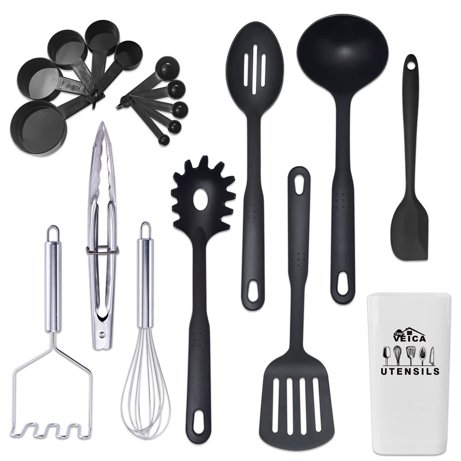 Kitchen Utensil Set-19 Pieces Cooking Utensils-Nylon Kitchen Utensils - Nonstick Cookware With Silicone Spatula Stainless steel Kitchen Tools Kitchen Gadgets Black