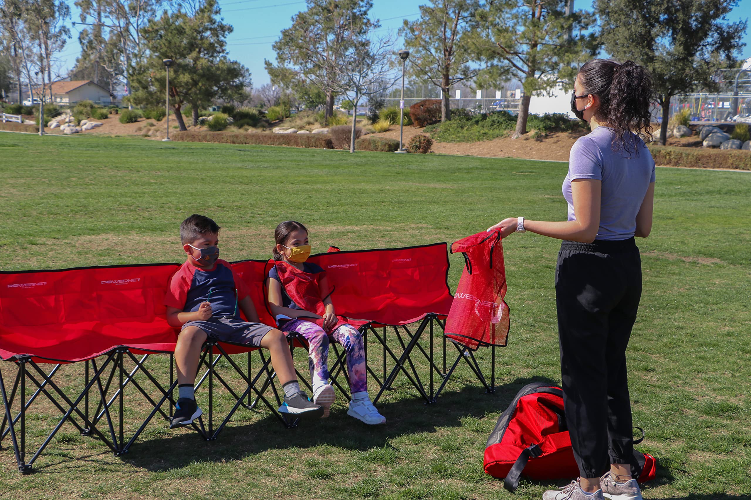 PowerNet Carli Lloyd 6 Seater Team Bench | Backpack Style Carry Bag Included | Ultra Portable | Great for Teams | Soccer Basketball Football