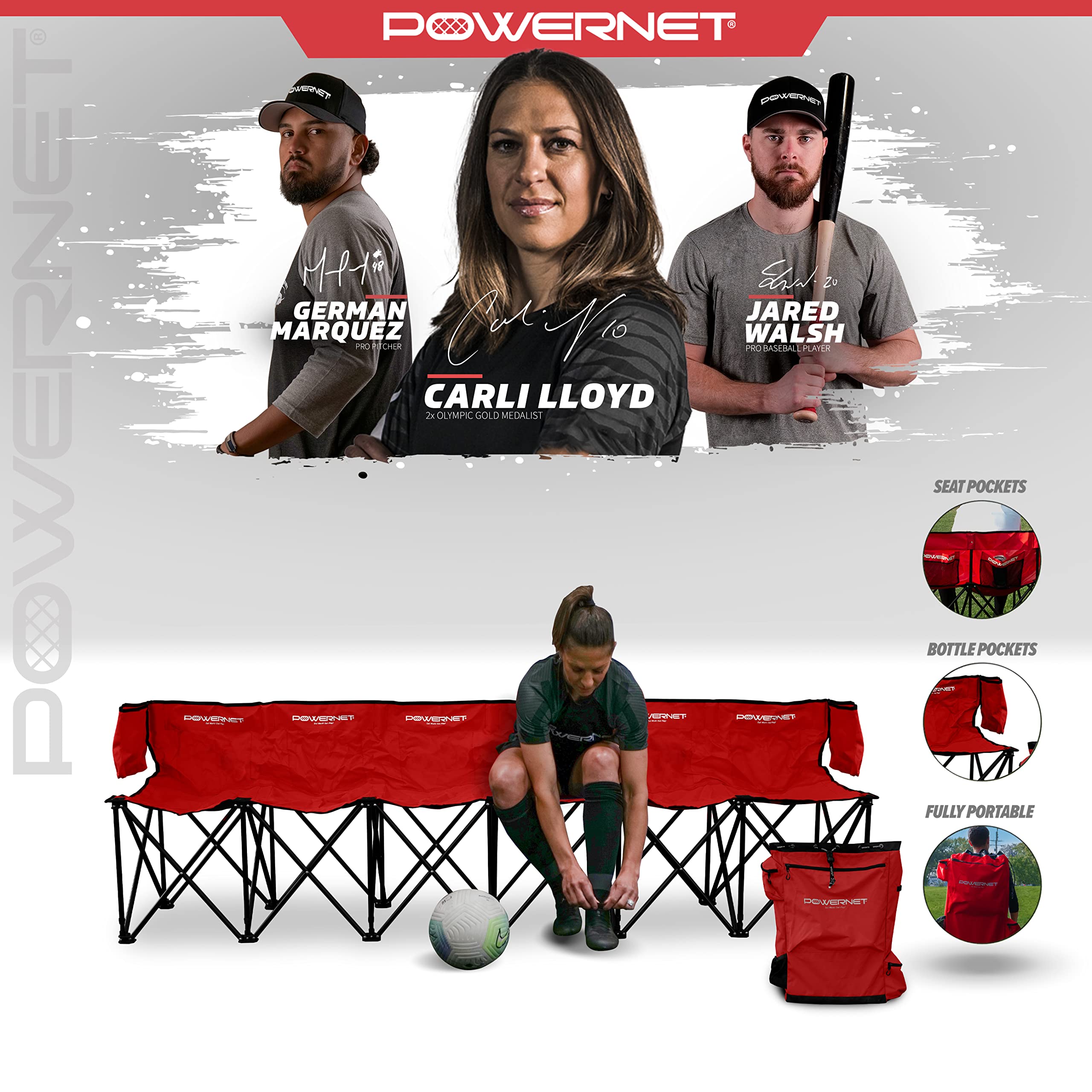 PowerNet Carli Lloyd 6 Seater Team Bench | Backpack Style Carry Bag Included | Ultra Portable | Great for Teams | Soccer Basketball Football