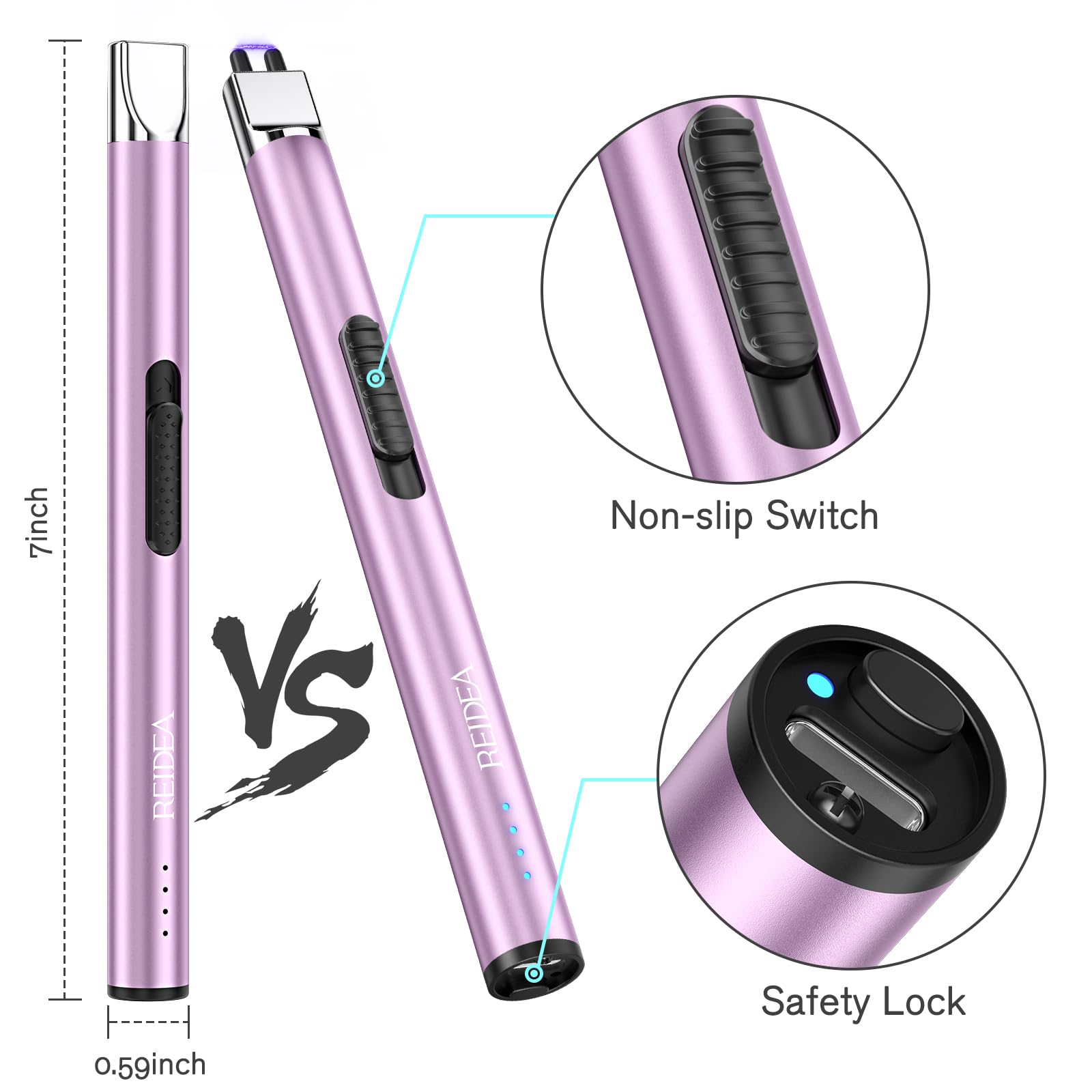 REIDEA Lighter S4 Pro Electric USB Rechargeable Safety Lock with LED Battery Indicator Flameless Windproof Arc Plasma Lighter for Candle, Fireworks (Lavender Purple)